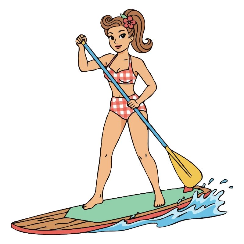 Pin-up-Girl auf Stand-Up-Paddleboard