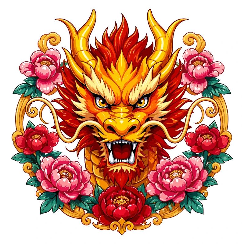 Dragon head in a fire floral frame
