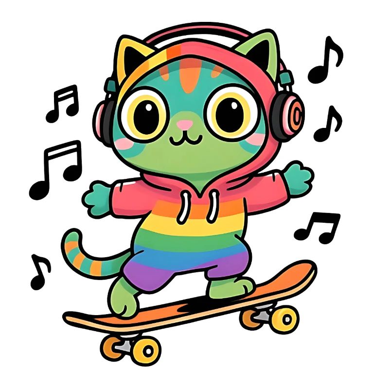 Regenbogenkatze auf Skateboard