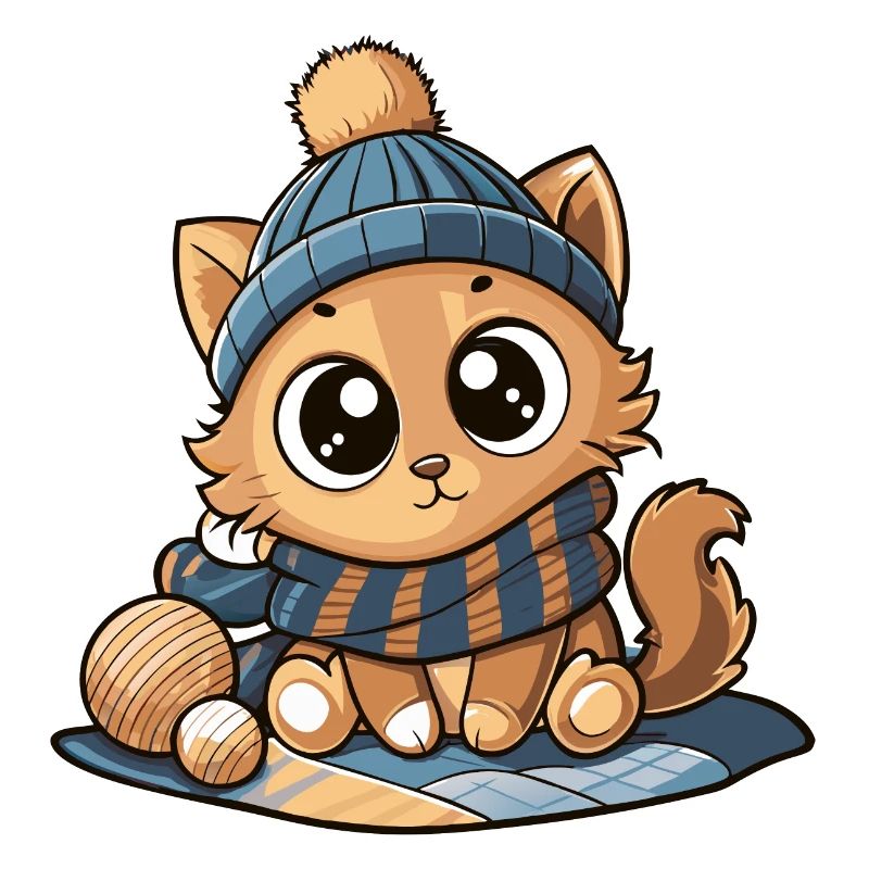Chat mignon avec écharpe et chapeau à pompon.