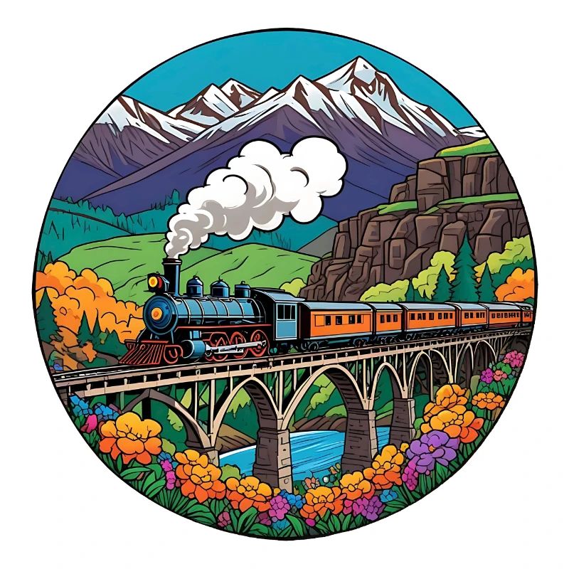 Bunter nostalgischer Eisenbahnzug mit Dampflok