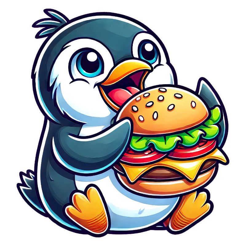 Whimsical penguin with hamburger funny chibi