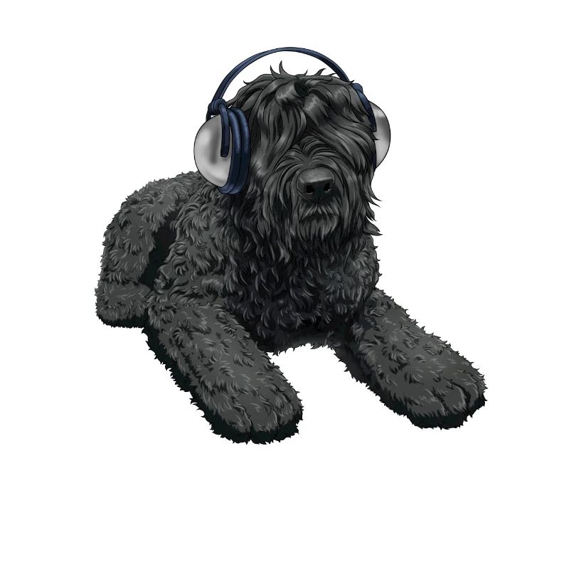 Schwarzer russischer Terrier Hund mit Kopfhörer