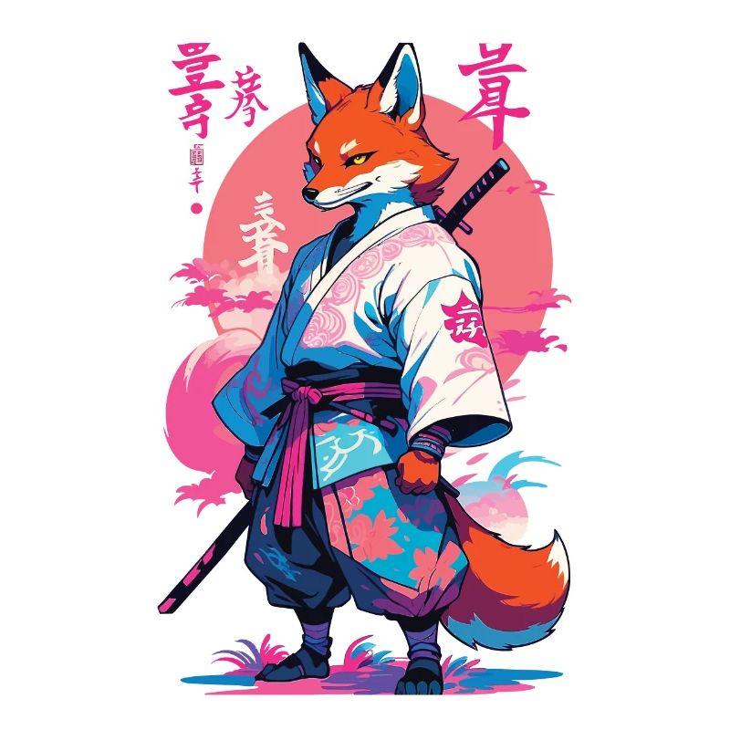 Kitsune Samurai Fox Esthétique Style Vaporwave
