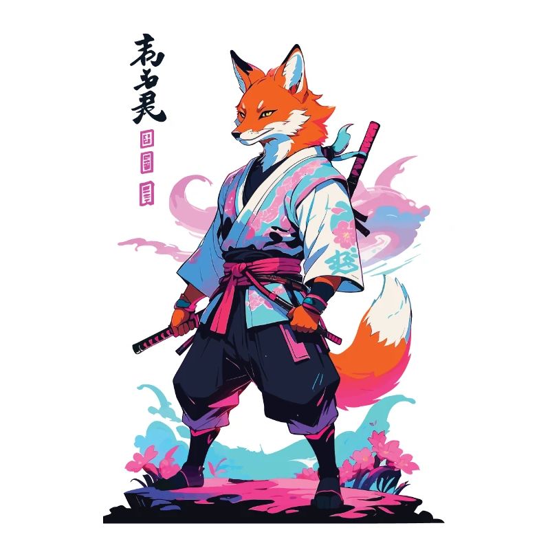 Kitsune Samurai Fox Aesthetic Vaporwave Style