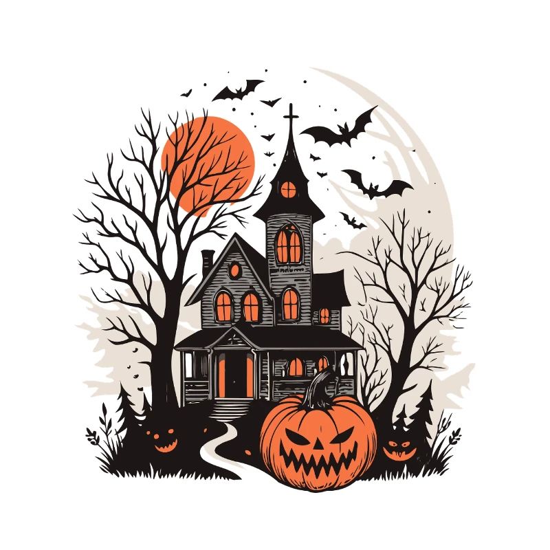 Halloween-Haus und leuchtender Kürbis