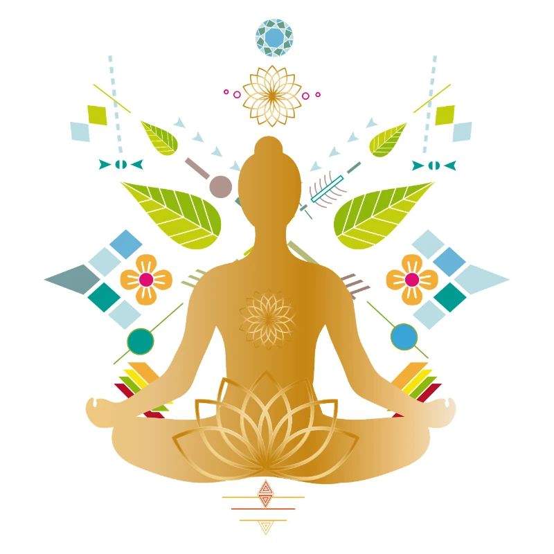 Silhouette de yoga dorée avec des éléments colorés