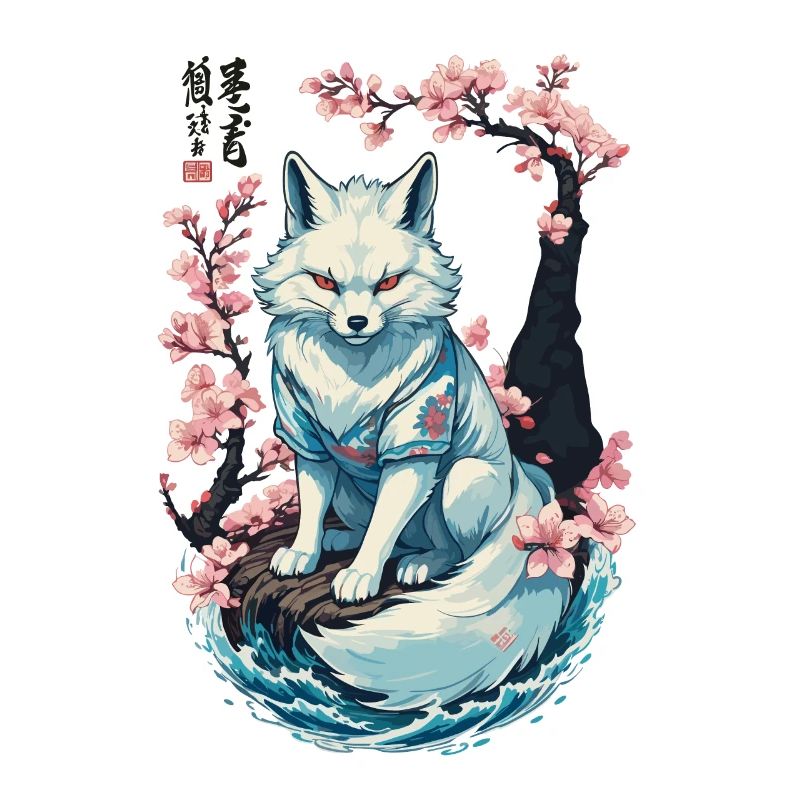 White Kitsune Fox Japanese Cherry Blossoms