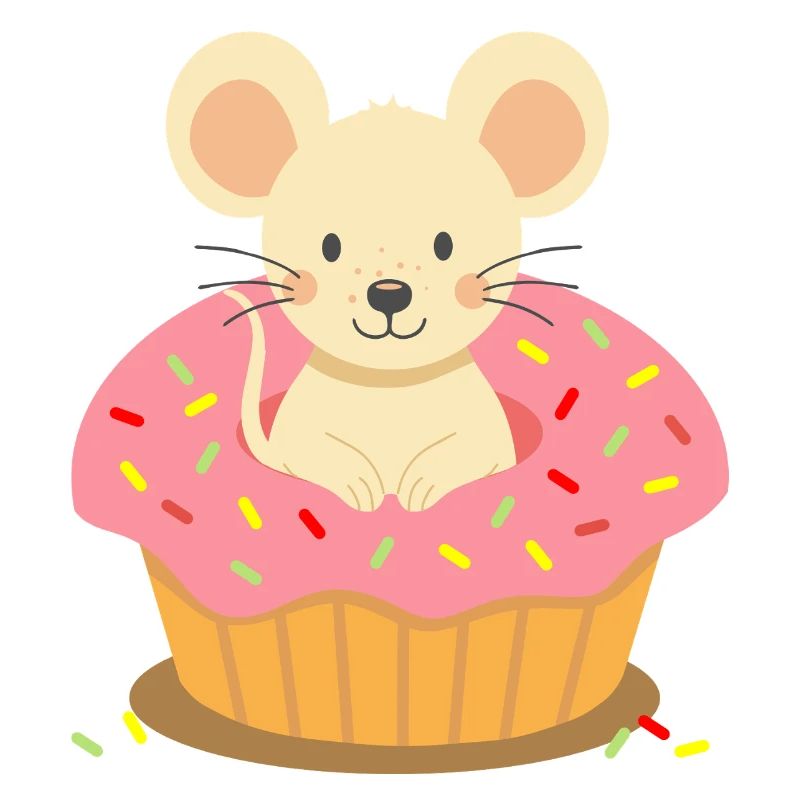 Mouse sitting in a pink cupcake with sprinkles