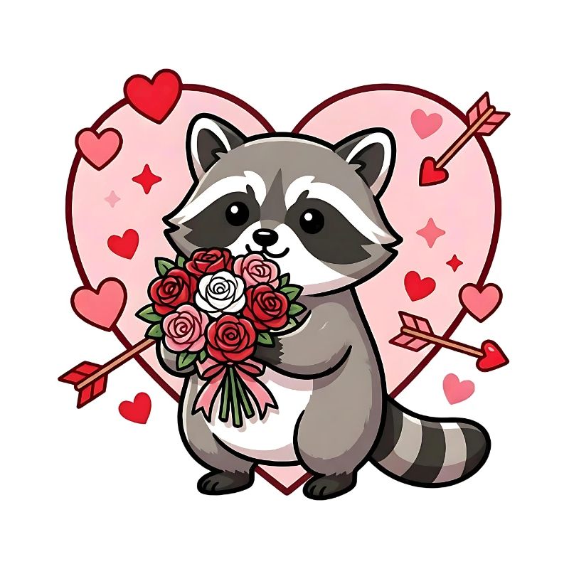 Kawaii Waschbär-Valentins-Blumenherz