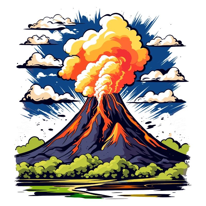 active volcano with ash cloud and lava flows