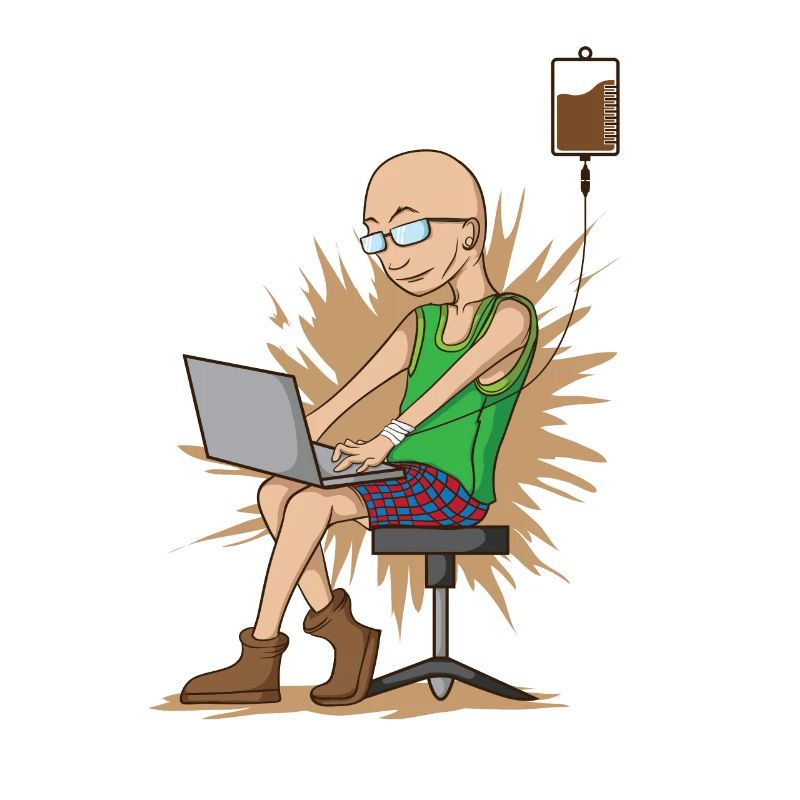 Kaffeetrinkender Nerd beim Hacken hängt am Kaffeet