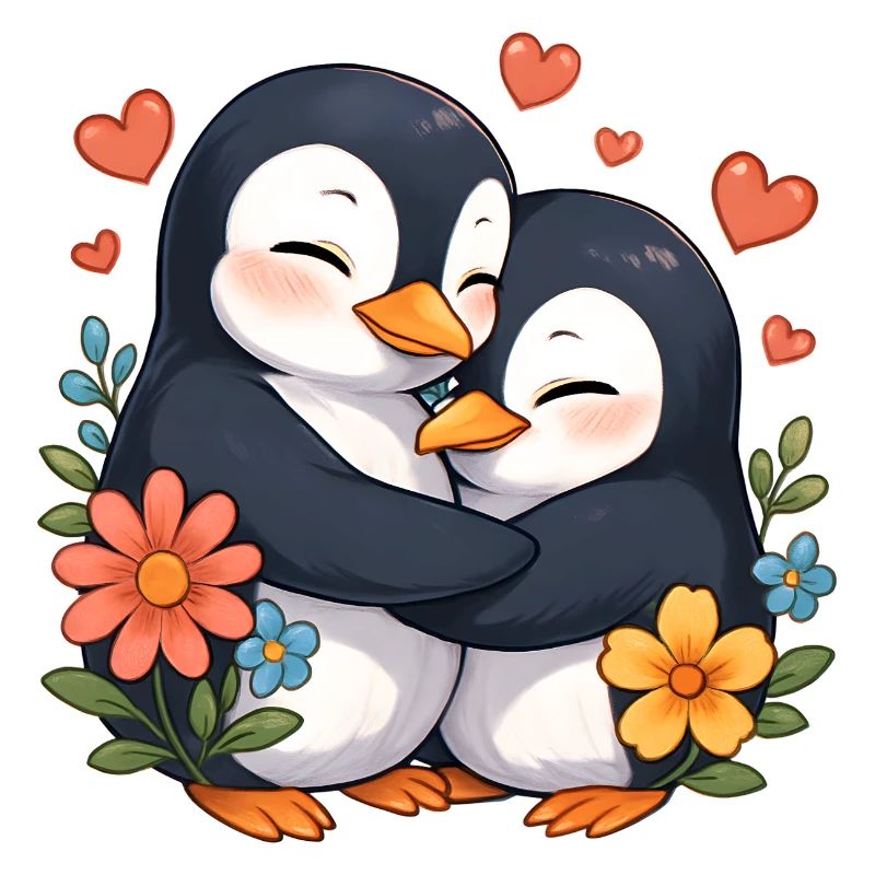 Kuschelpinguin Umarmung mit Blumen