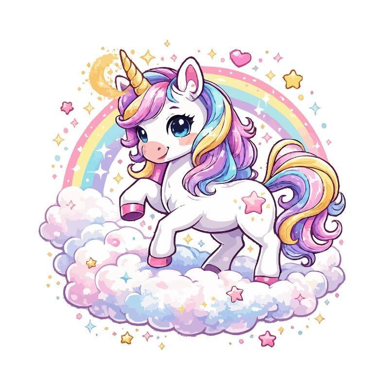 Pastell-Einhorn auf Wolkenbogen