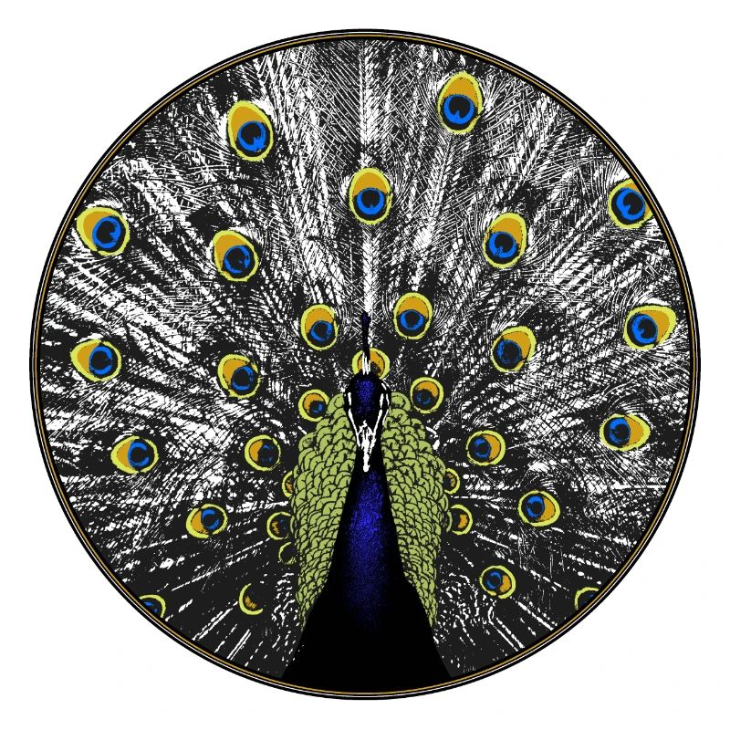 Pfau in Holzschnitt-Optik