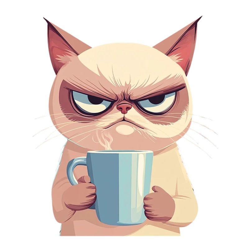 Grumpy-Stil: Grantige Katze mit Kaffee