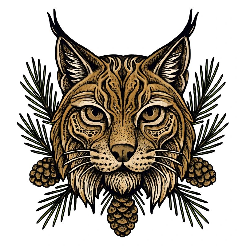 Luchs Kopf mit Tannenzweigen