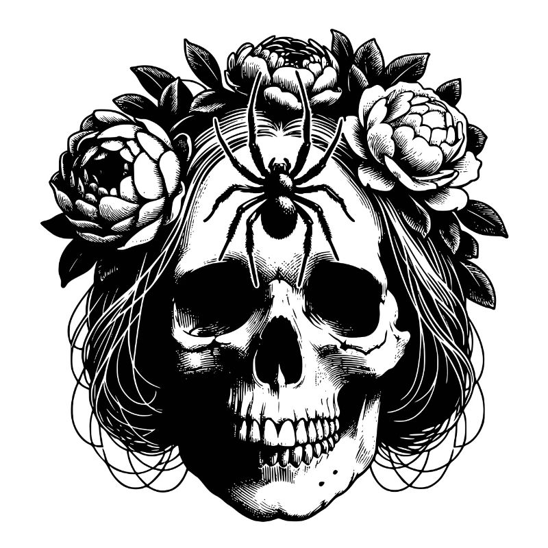 Crâne avec vrilles de fleurs et grande araignée