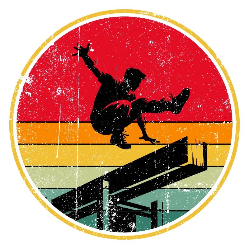 Silhouette de patineur rétro sur rayures coucher de soleil