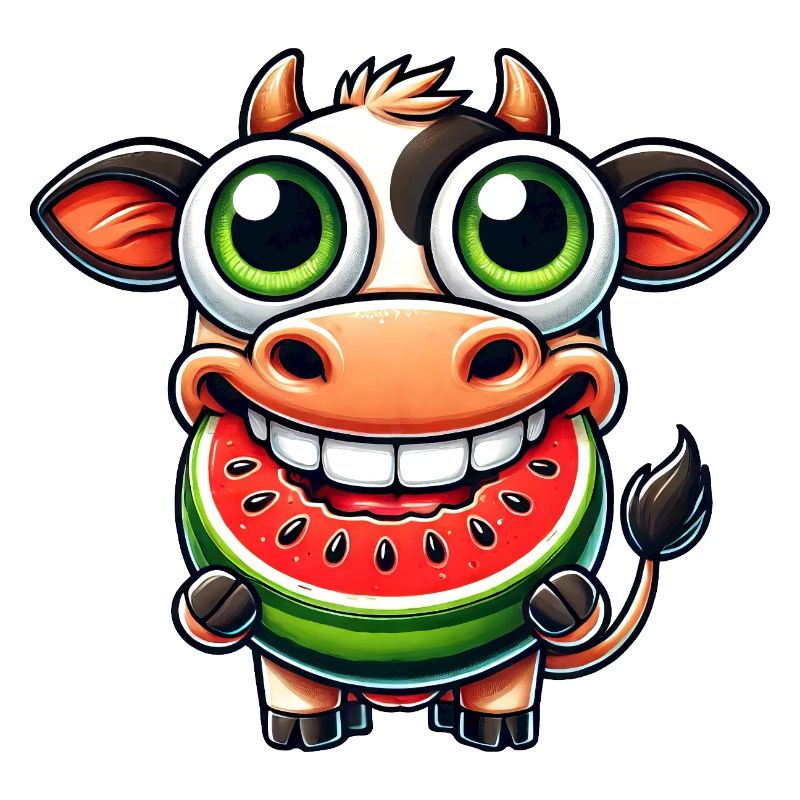 Mignon dessin animé de taureau de vache avec pastèque
