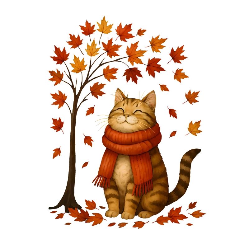Herbstkatze mit rotem Schal