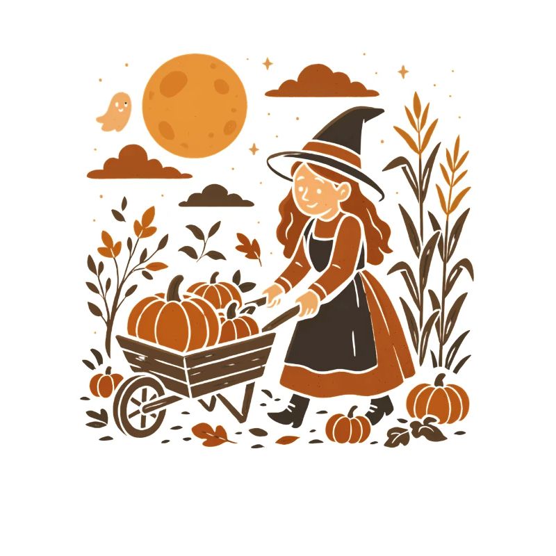 Herbst Hexe mit Kürbiskarren
