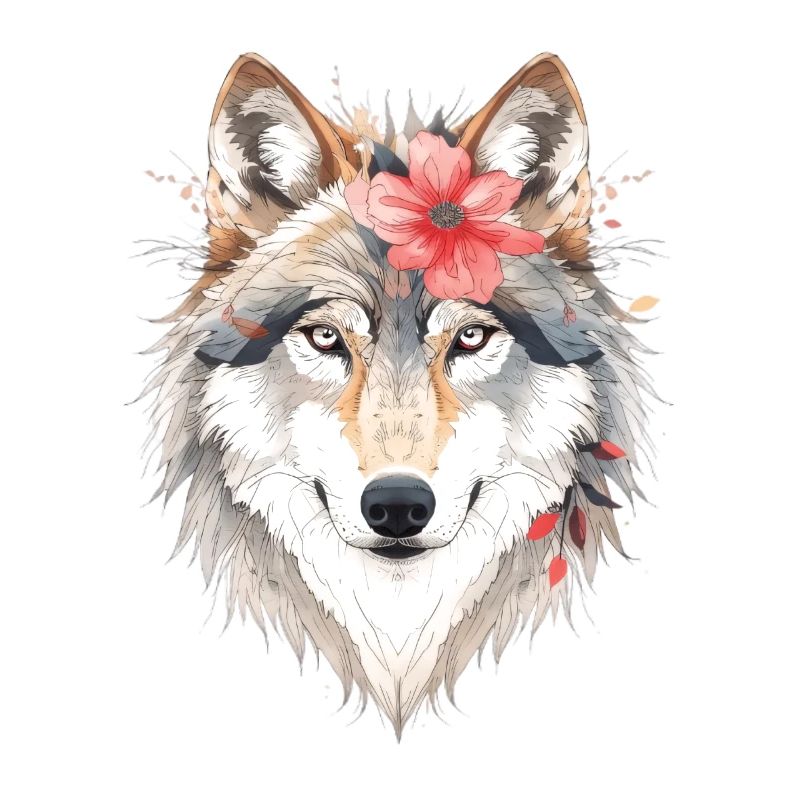 Wolfskopf mit Blumenkranz