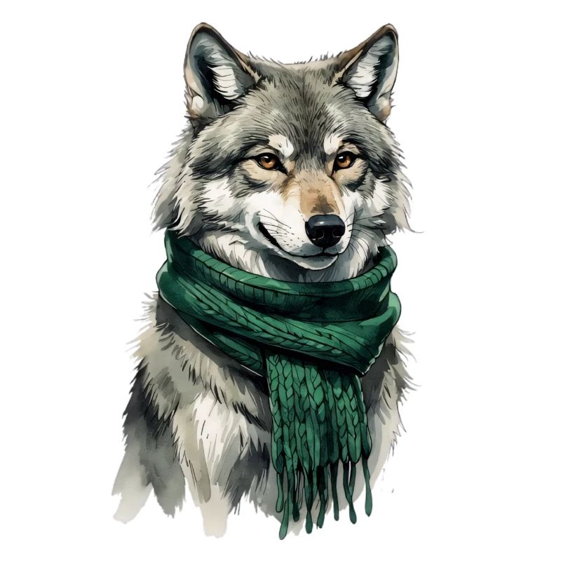 Wolfsfigur mit grünem Schal
