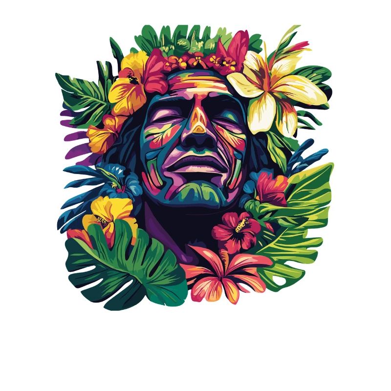 Tropischer Gesichtskopf mit Blumenkranz