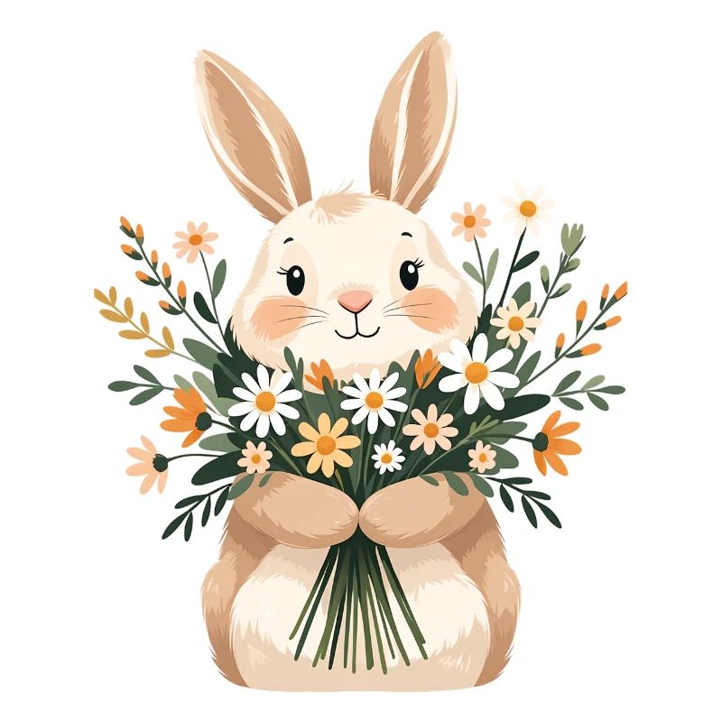 Hase mit Frühlingsblumenstrauß
