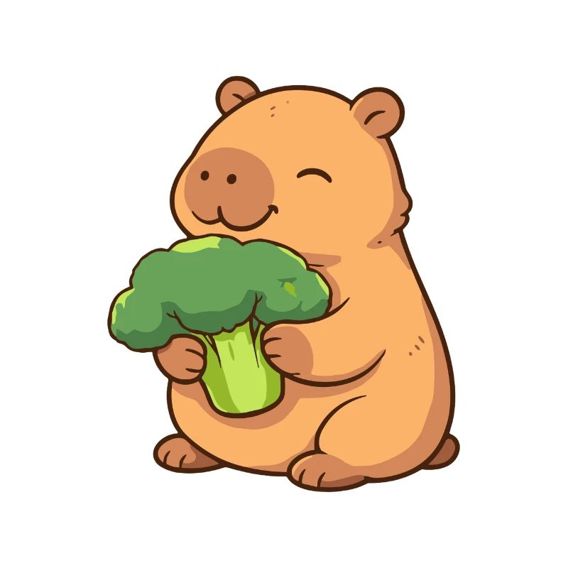 Capybara with broccoli – relaxed & cute