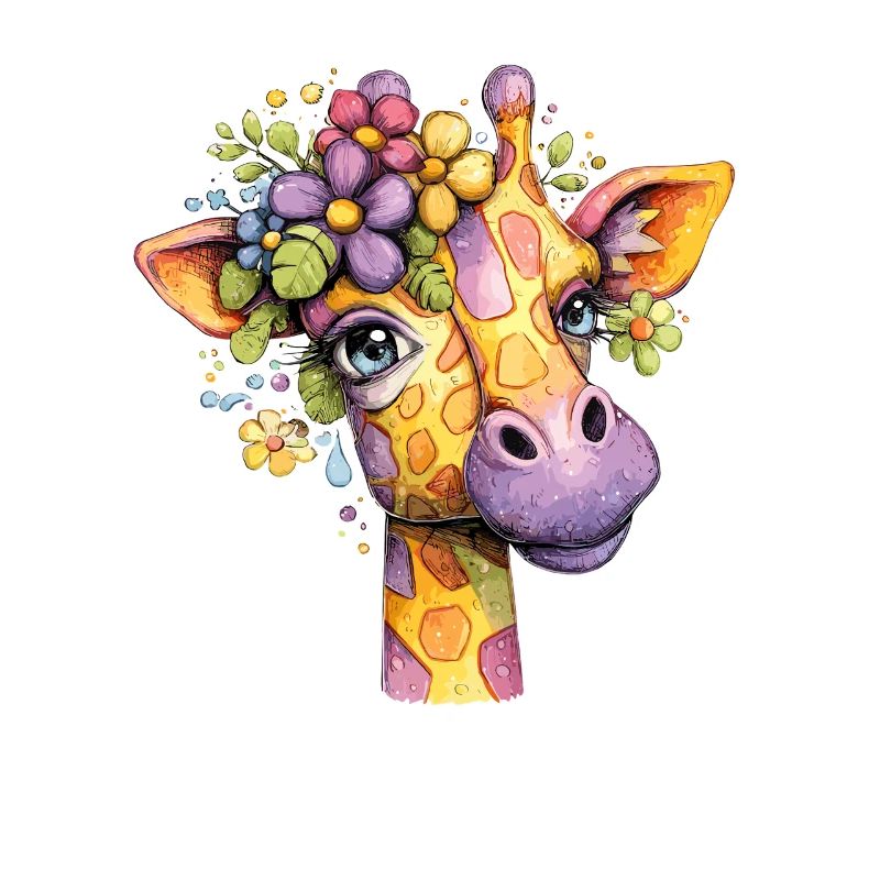 Giraffenporträt mit Blumenkranz