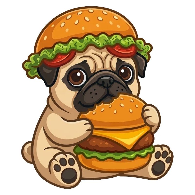 Propriétaire de dessin animé carlin mignon, burger de restauration rapide