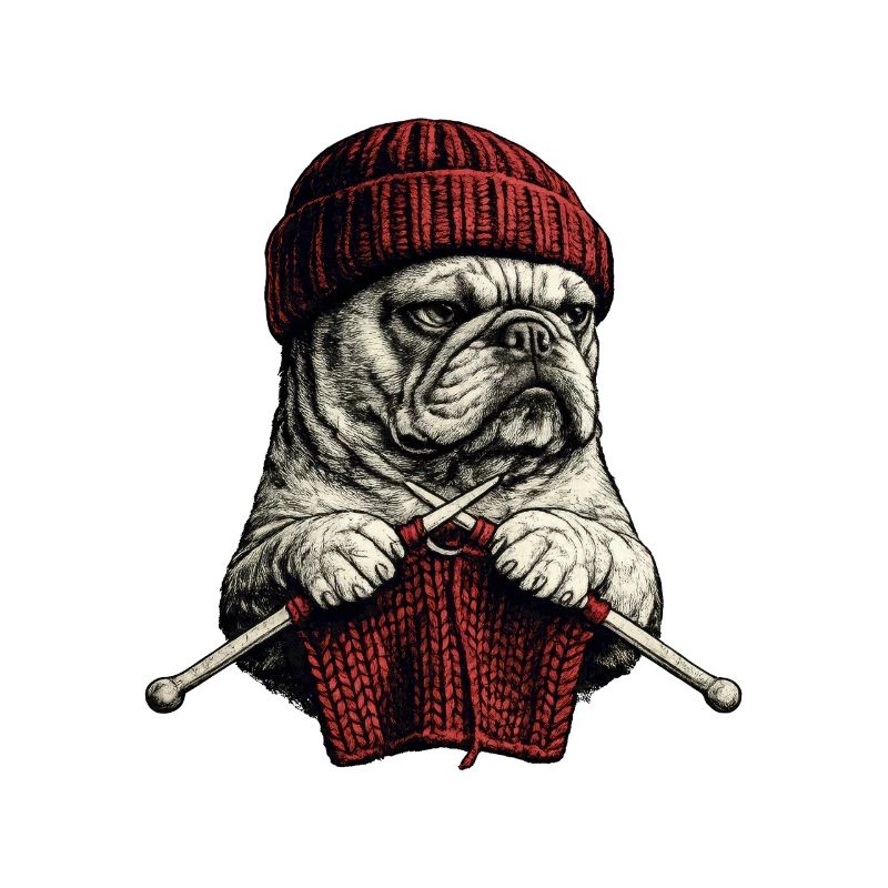 Bulldoggen-Stricker in rotem Strick