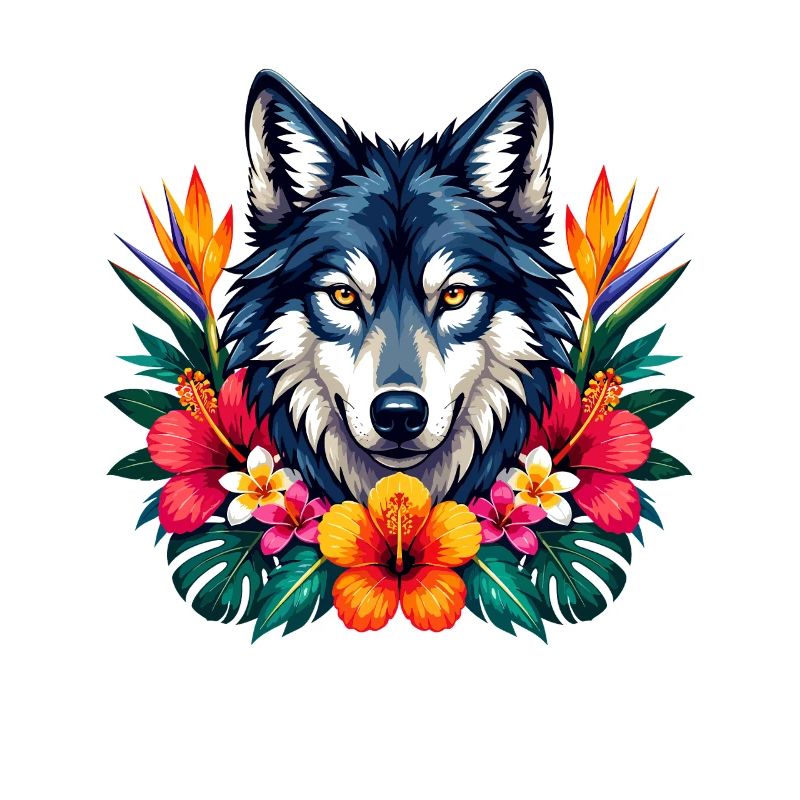 Wolfskopf mit Tropenblumen