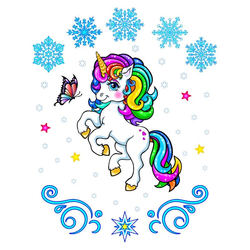 Winter buntes Einhorn mit Schneeflocken Regenbogen