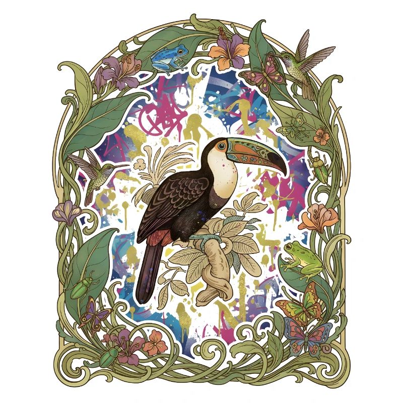 Tropischer Toucan im Blumengarten