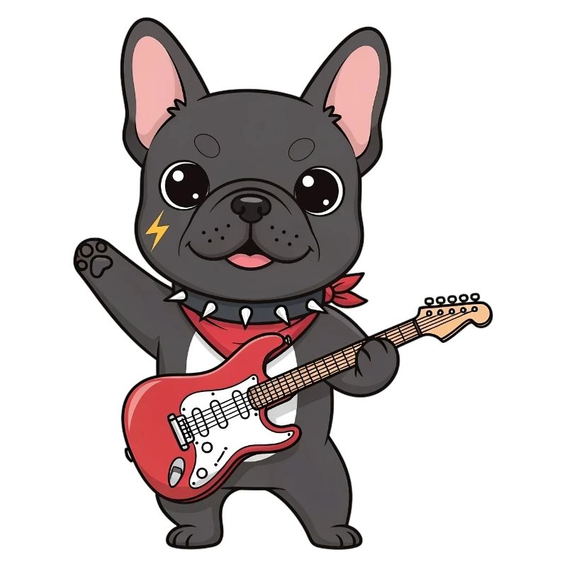 Rockende Bulldogge mit E-Gitarre