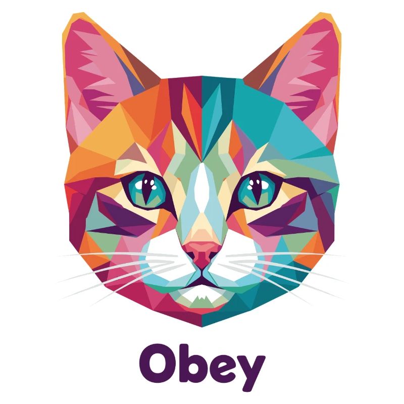 Geometrischer Katzenkopf mit Obey-Text