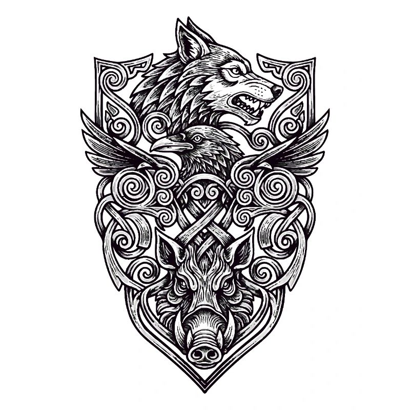 Wikinger-Totem: Wolf • Rabe • Wildschwein