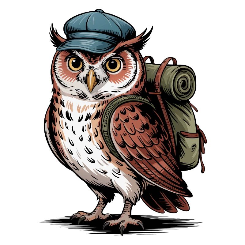 Wandernde Eule mit Rucksack