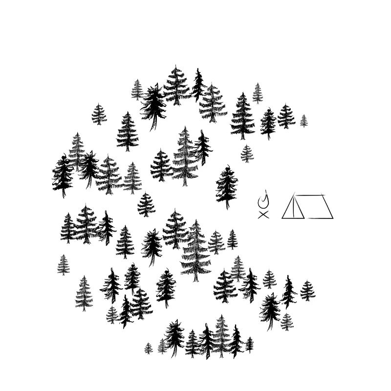 Camp dans les bois avec feu de camp et tente