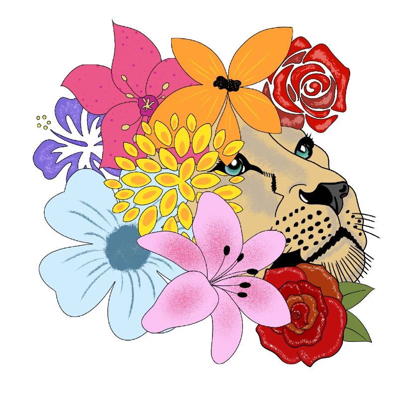 Löwin mit Blumen