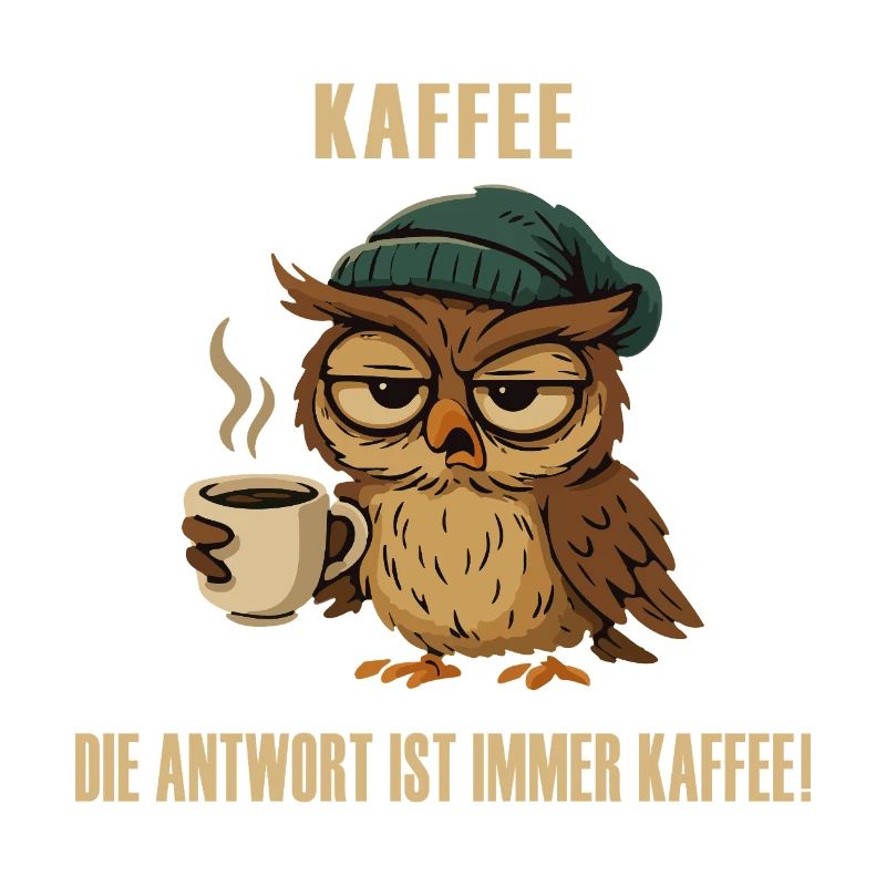 Müde Eule mit Kaffee – lustiger Spruch.