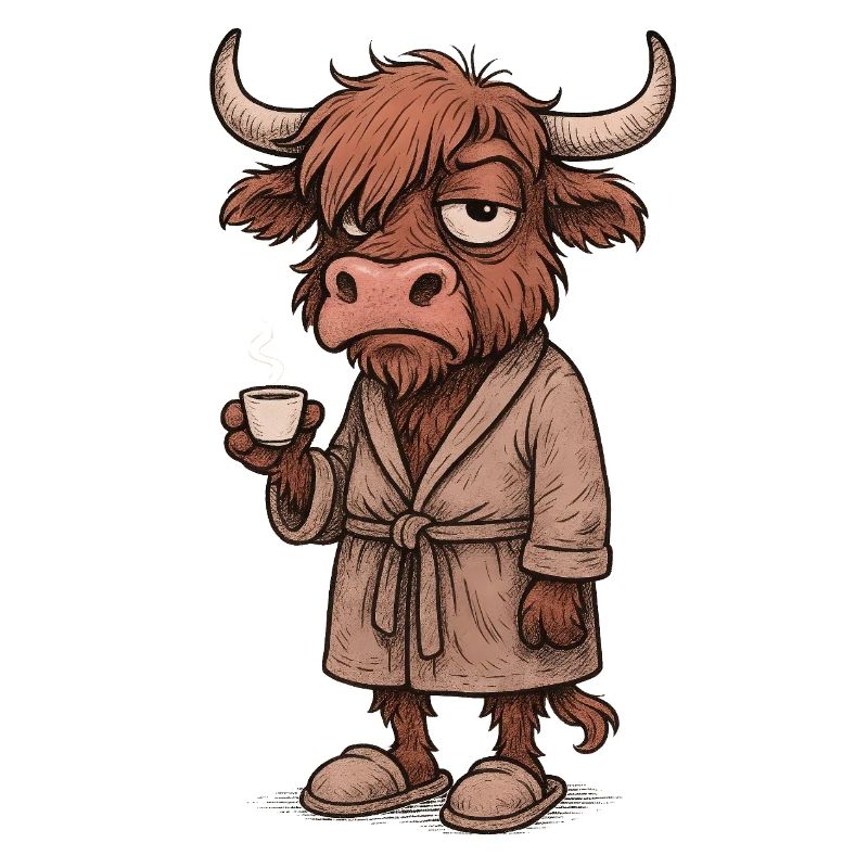 Vache des Highlands Grumpy avec café – Râle du matin