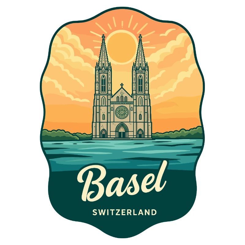 Basel Minster Retro Sonnenuntergangs-Reiseabzeichen