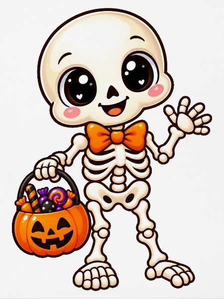 Niedliches Halloween-Skelett und Kürbis