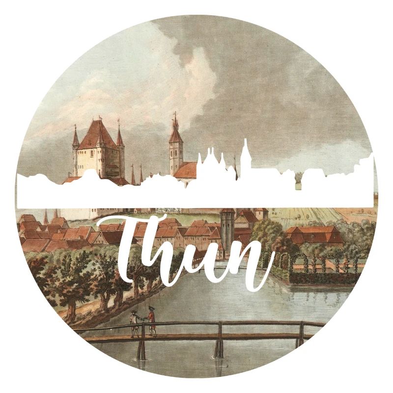 thun,skyline,retro, scherenschnitt,blau,schweiz