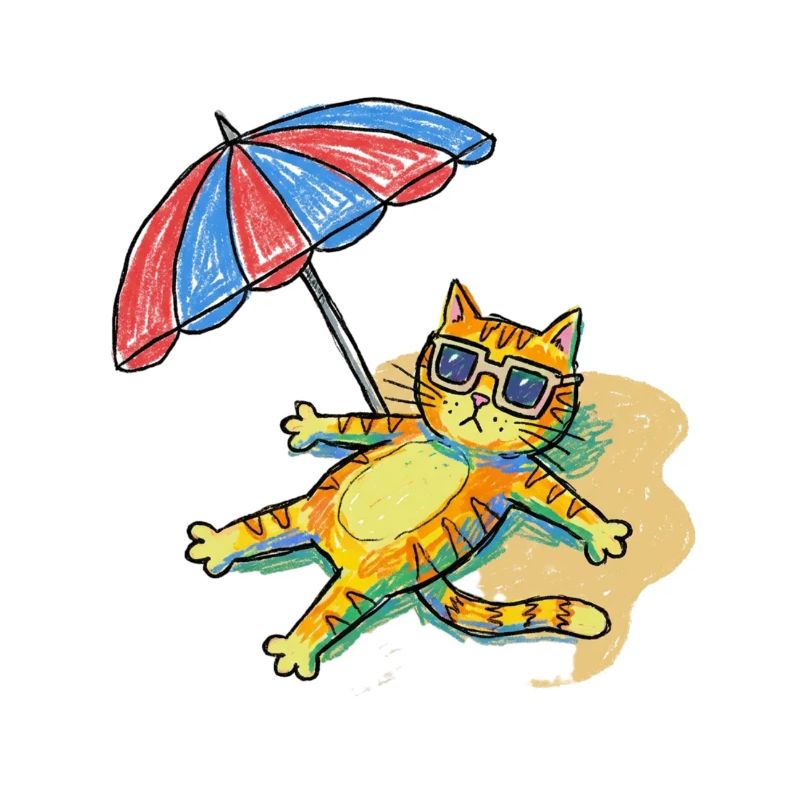 Bunte Strandkatze mit Sonnenschirm