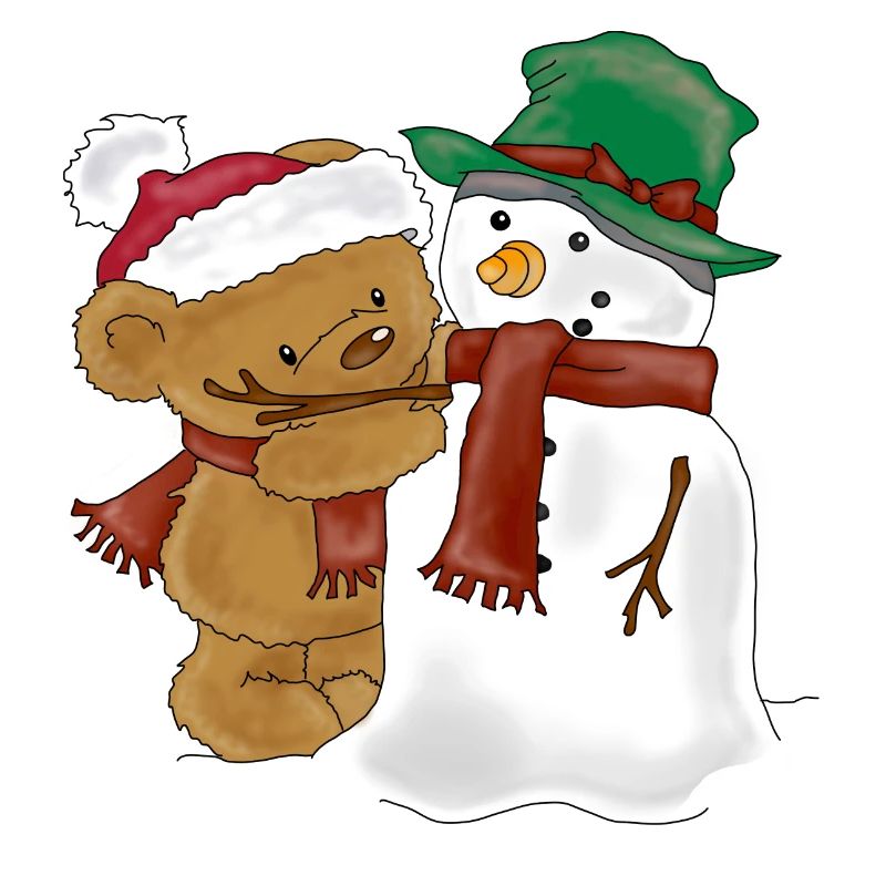 Bärchen schmückt Schneemann